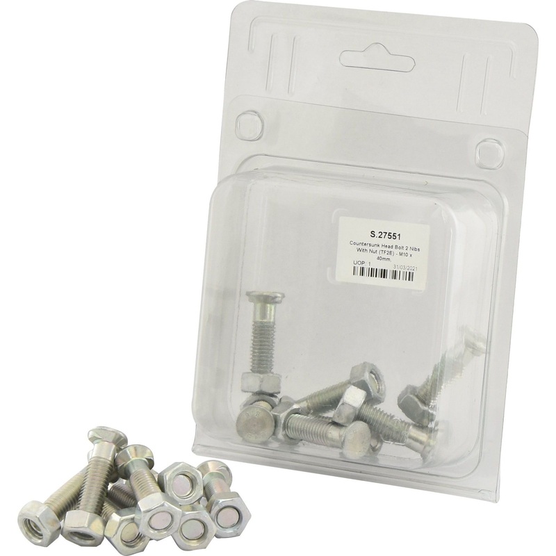 Countersunk Head Bolt 2 Nibs With Nut (TF2E) – M10 x 40mm, Tensile strength 8.8 (8 pcs. Agripak) | Sparex Part No.S.27551