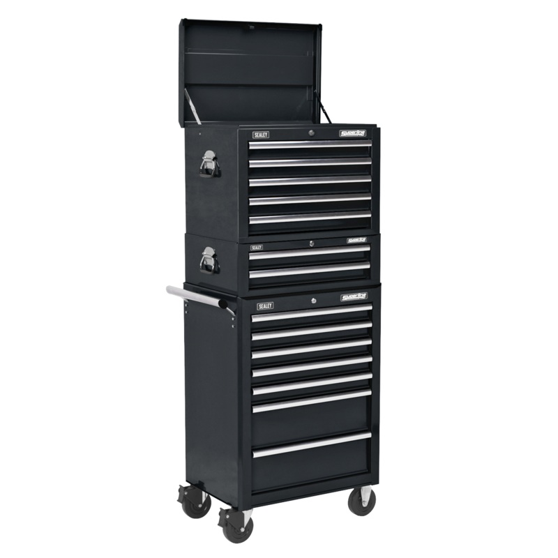 Topchest, Mid-Box & Rollcab Combination 14 Drawer with Ball-Bearing Slides – Black – APSTACKTB