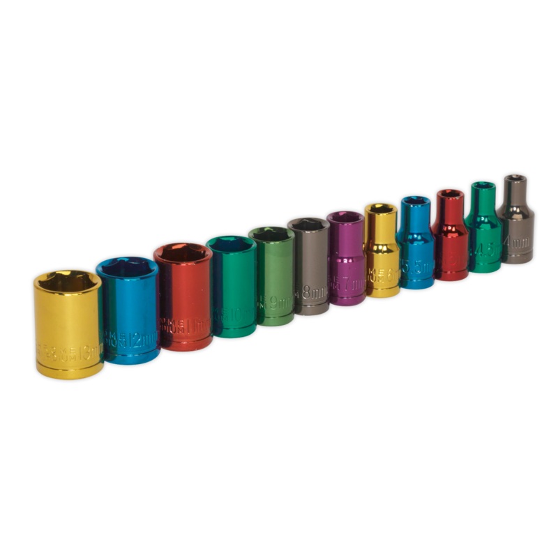 Multi-Coloured Socket Set 12pc 1/4Sq Drive 6pt WallDrive Metric – AK282