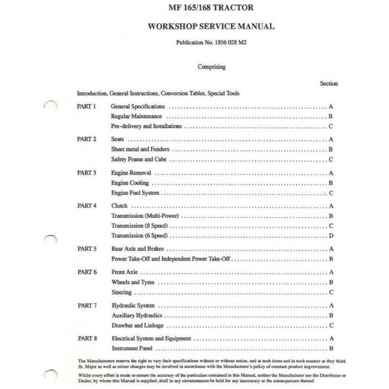 Massey Ferguson – 165/168 Workshop Manual – 1856028M2