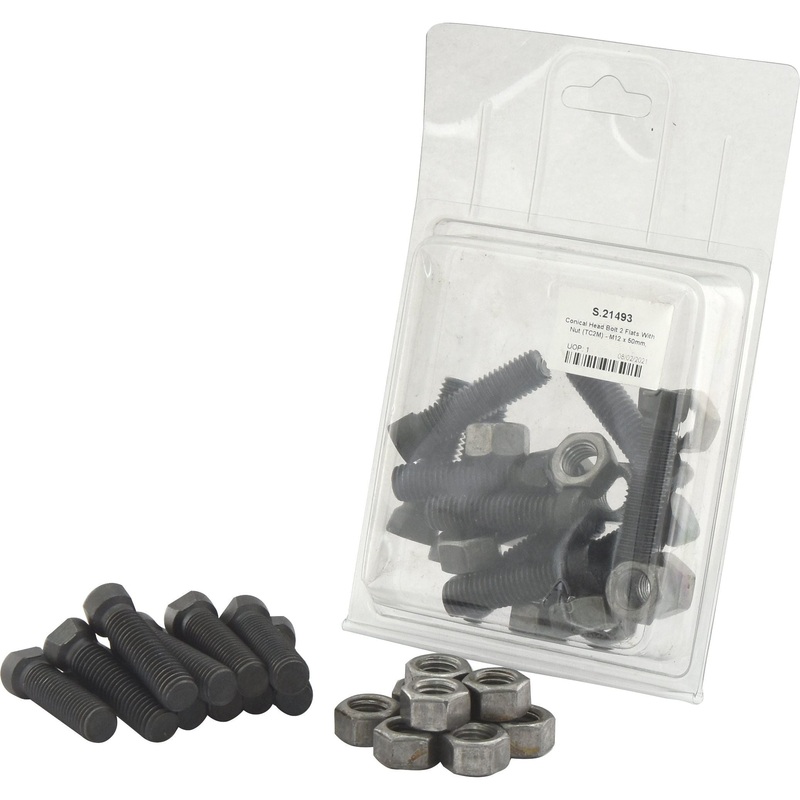 Conical Head Bolt 2 Flats With Nut (TC2M) – M12x50mm, Tensile strength 12.9 (10 pcs. Agripak) | Sparex Part No.S.21493