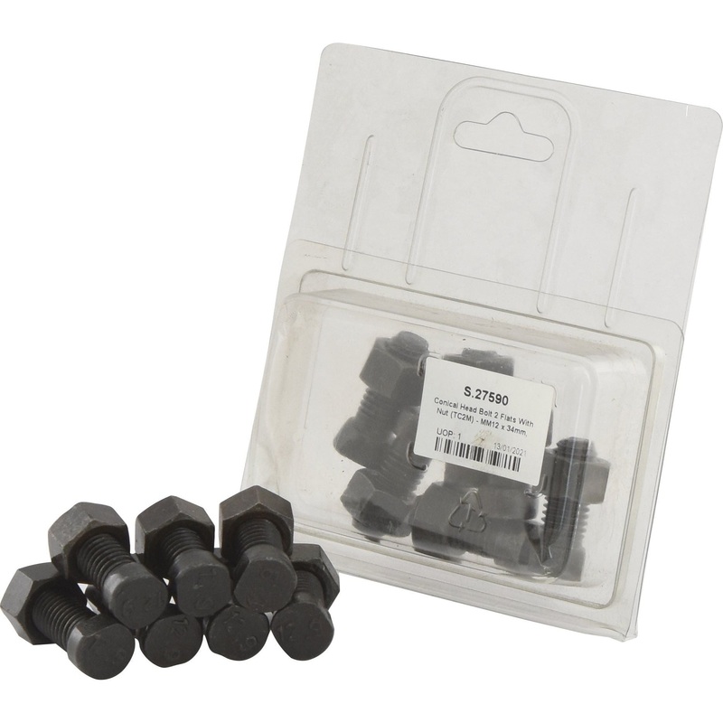 Conical Head Bolt 2 Flats With Nut (TC2M) – M12x34mm, Tensile strength 12.9 (6 pcs. Agripak) | Sparex Part No.S.27590