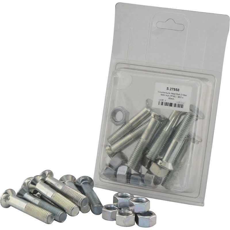 Countersunk Head Bolt 2 Nibs With Nut (TF2E) – M12 x 60mm, Tensile strength 8.8 (8 pcs. Agripak) | Sparex Part No.S.27558
