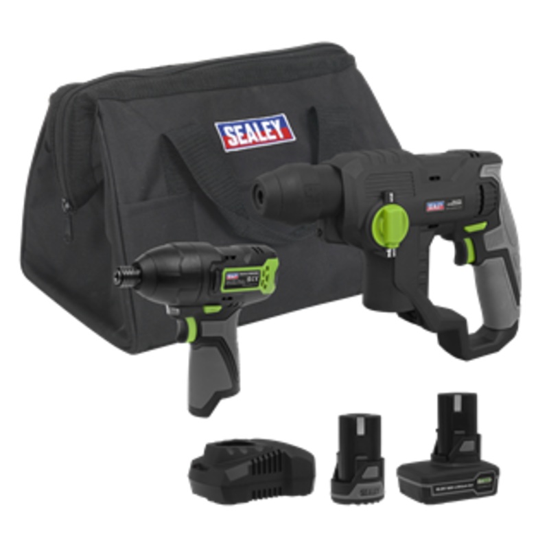 Sealey | 2 x SV10.8 Series Cordless Rotary Hammer Drill & Impact Driver Kit 10.8V – 2 Batteries & Euro Plug – CP108VCOMBO4EU