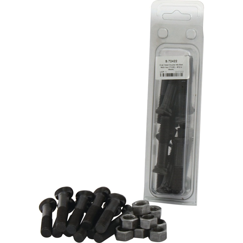 Oval Head Double Nib Bolt With Nut (TO2E) – M12 x 64mm, Tensile strength 10.9 (25 pcs. Agripak) | Sparex Part No.S.72422
