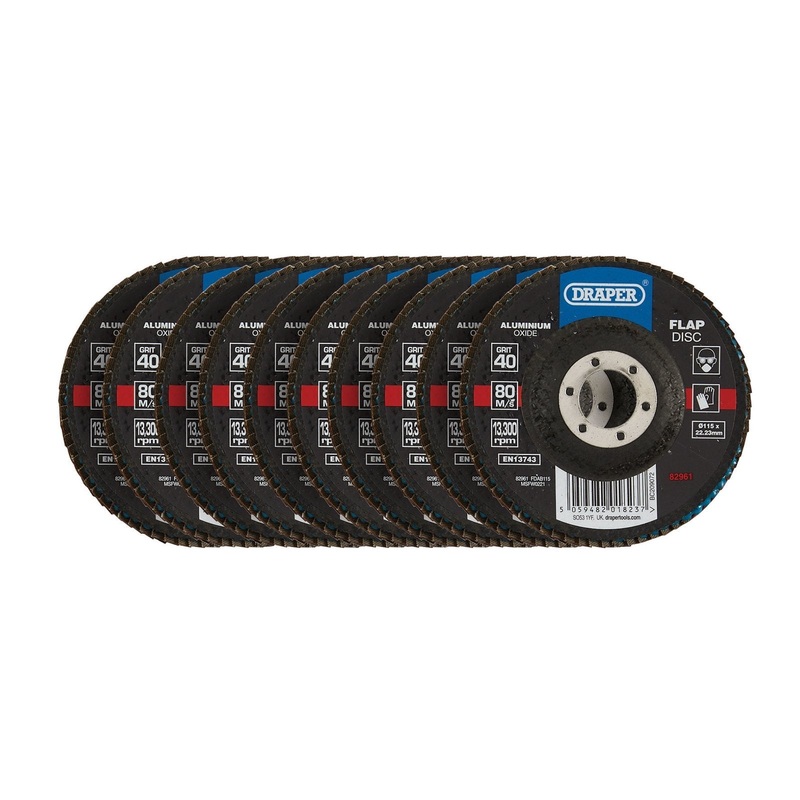 Draper Aluminium Oxide Flap Discs, 115 X 22.23mm, 40 Grit (Pack Of 10) – FDAB115