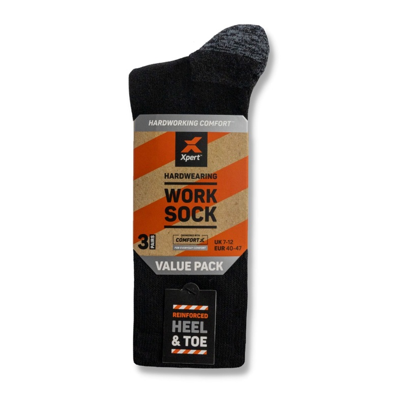 Xpert Core Comfort Work Sock 3 Pack  Cushioned & Durable for Steel-Toe Boots | Black/Grey