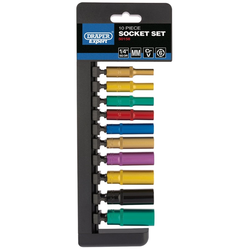 Draper Metric Coloured Deep Socket Set, 1/4 Sq. Dr. (10 Piece) – B10MD/6PT/C/E